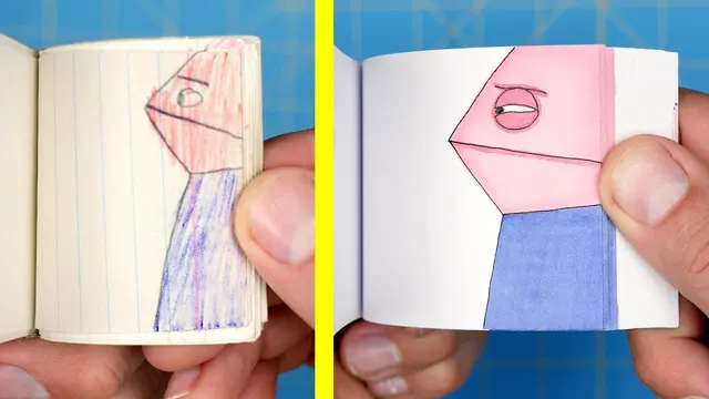 Two hands hold a childhood flipbook and its redrawn version side by side on a blue background