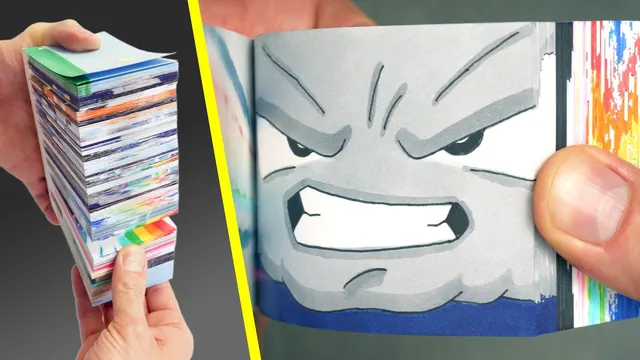 A thick stack of flipbooks next to a page showing an angry grey cloud