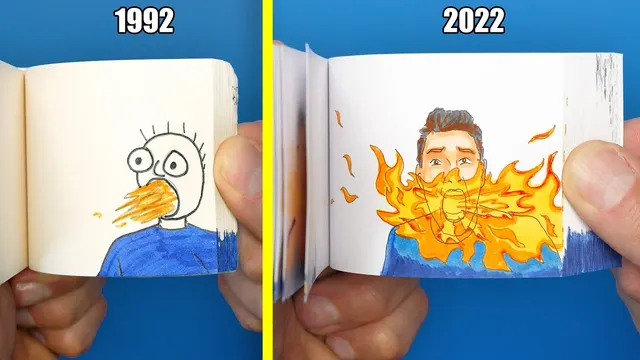 Split image: a 1992 flipbook drawing and a 2022 redraw of a man breathing fire
