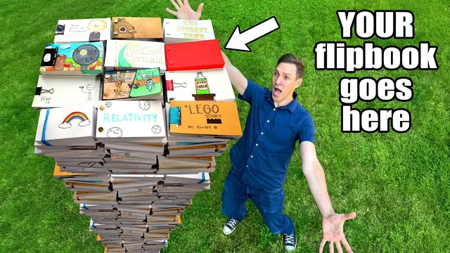 Andy stands with arms out beside a tall pile of fan-made flipbooks on grass