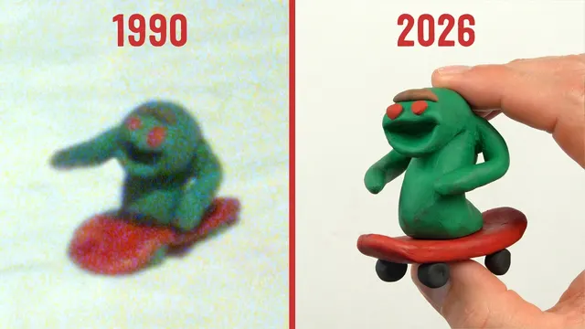Split image: a clay figure on a skateboard made as a kid in 1990 and a remake in 2026
