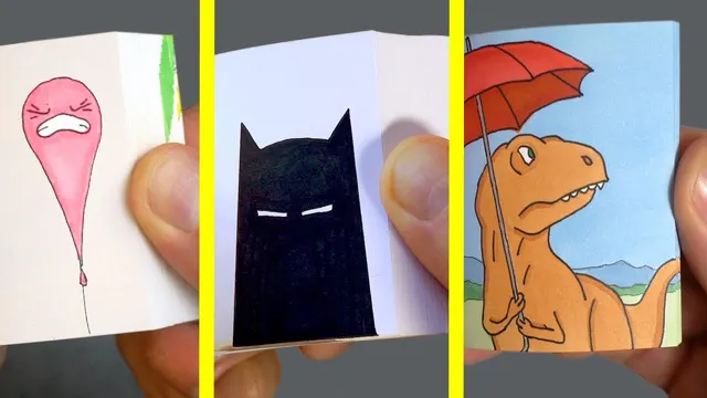 Three flipbook pages: a pink balloon, a Batman silhouette and a dinosaur with an umbrella