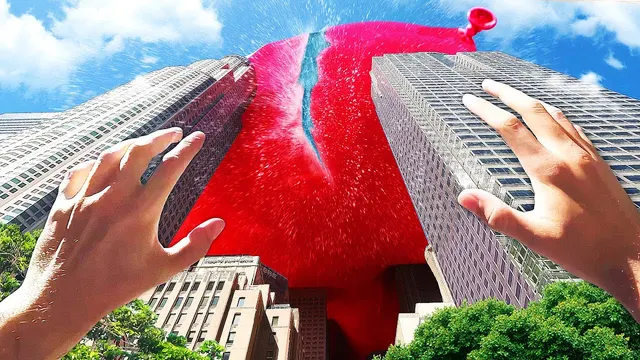 First-person hands reach toward a giant red water balloon wedged between skyscrapers