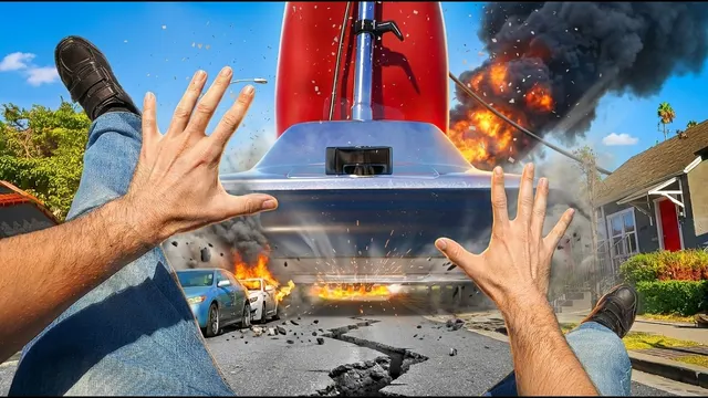 First-person view of a giant vacuum crashing into a street with fire and smoke