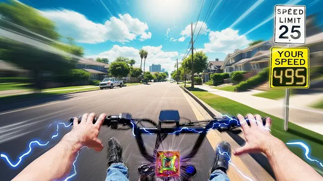 First-person bike ride down a suburban street past a speed sign reading 495