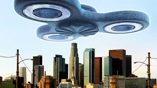 A giant fidget spinner hovers like a UFO over a city skyline