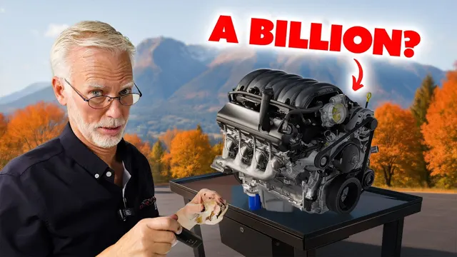 Dave Bell holding a part next to a GM V8 engine, "A billion?"