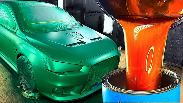 Burnt copper paint pouring into a can in front of a green Mitsubishi Evo