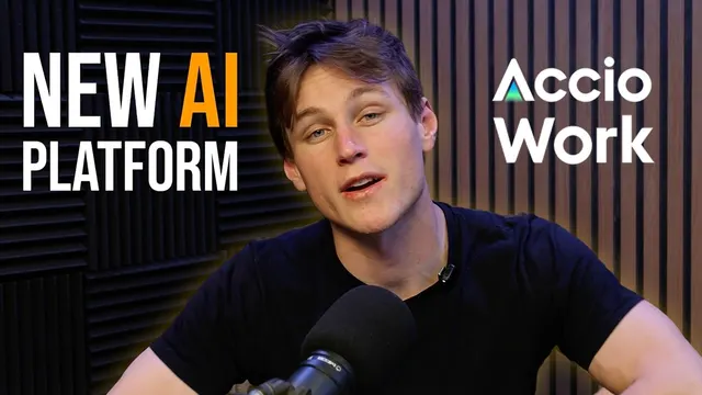 Jon Law at a podcast mic in a studio, "New AI platform" with the Accio Work logo