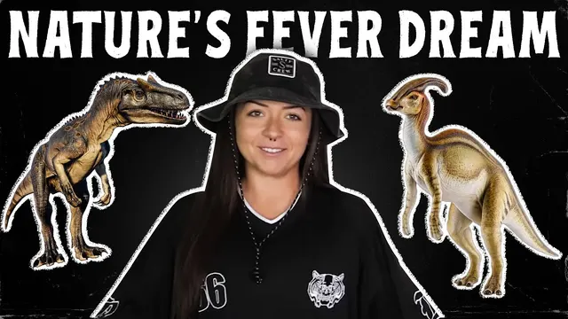 Lindsay between two Cretaceous dinosaurs under the words Nature's Fever Dream