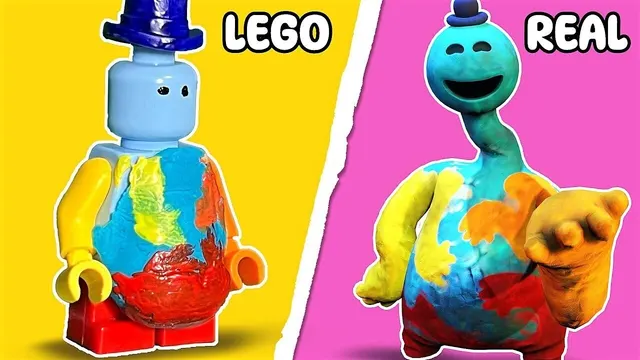 LEGO figure next to a clay 'real' version of a Poppy Playtime character