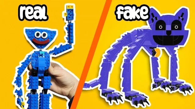 Blue and purple brick-built Poppy Playtime monsters, 'real vs fake'