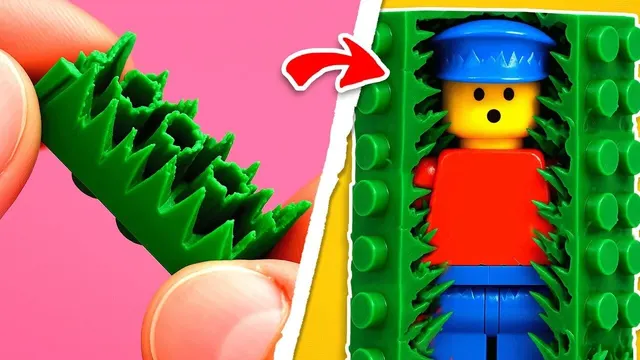 Tiny green brick clip beside a trapped red-and-blue LEGO minifigure