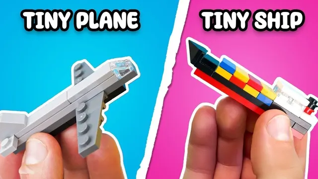 Tiny LEGO plane and ship held between fingers
