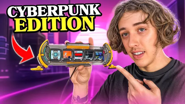 NoodleNick pointing at a Divoom Times Gate display on a purple background, "Cyberpunk Edition"