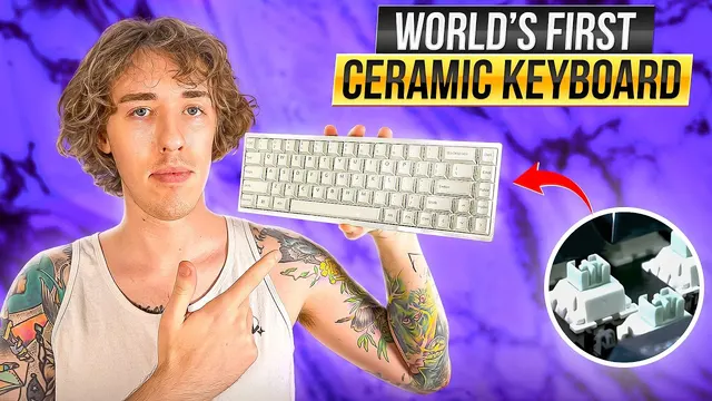 NoodleNick holding a white ceramic keyboard, "World's first ceramic keyboard"