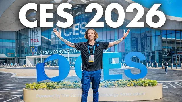 NoodleNick with arms out in front of the Las Vegas Convention Center, "CES 2026"