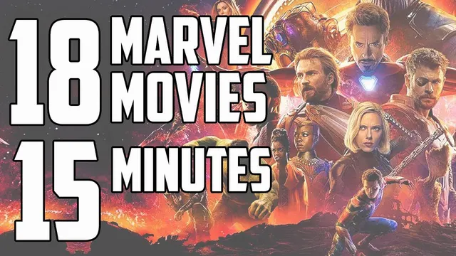 Avengers: Infinity War cast art under the words 18 Marvel Movies 15 Minutes