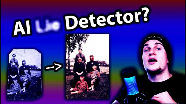 Host beside old and restored family photos under the words AI Detector?