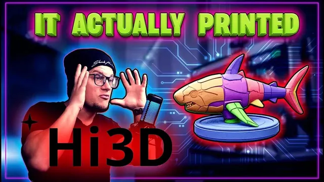 Host with hands raised beside a 3D-printed shark model and the word Hi3D