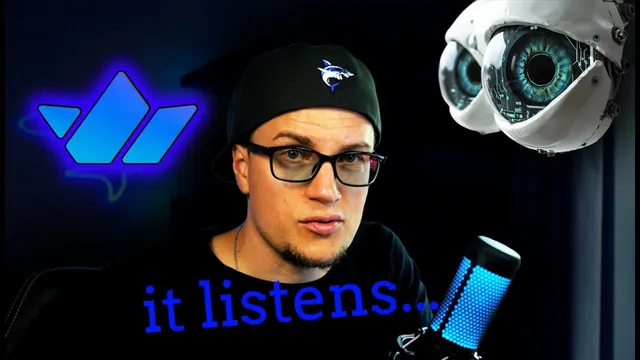 Host at a microphone beside a robot eye with the words it listens